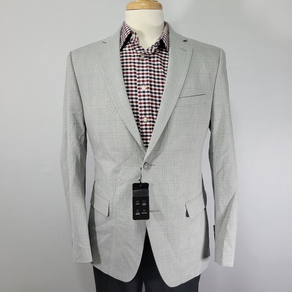 Alfani Men's Sport Coat Blazer Two Button Light Gray Plaid Poly Blend 40R SLIM‎ - Picture 1 of 16